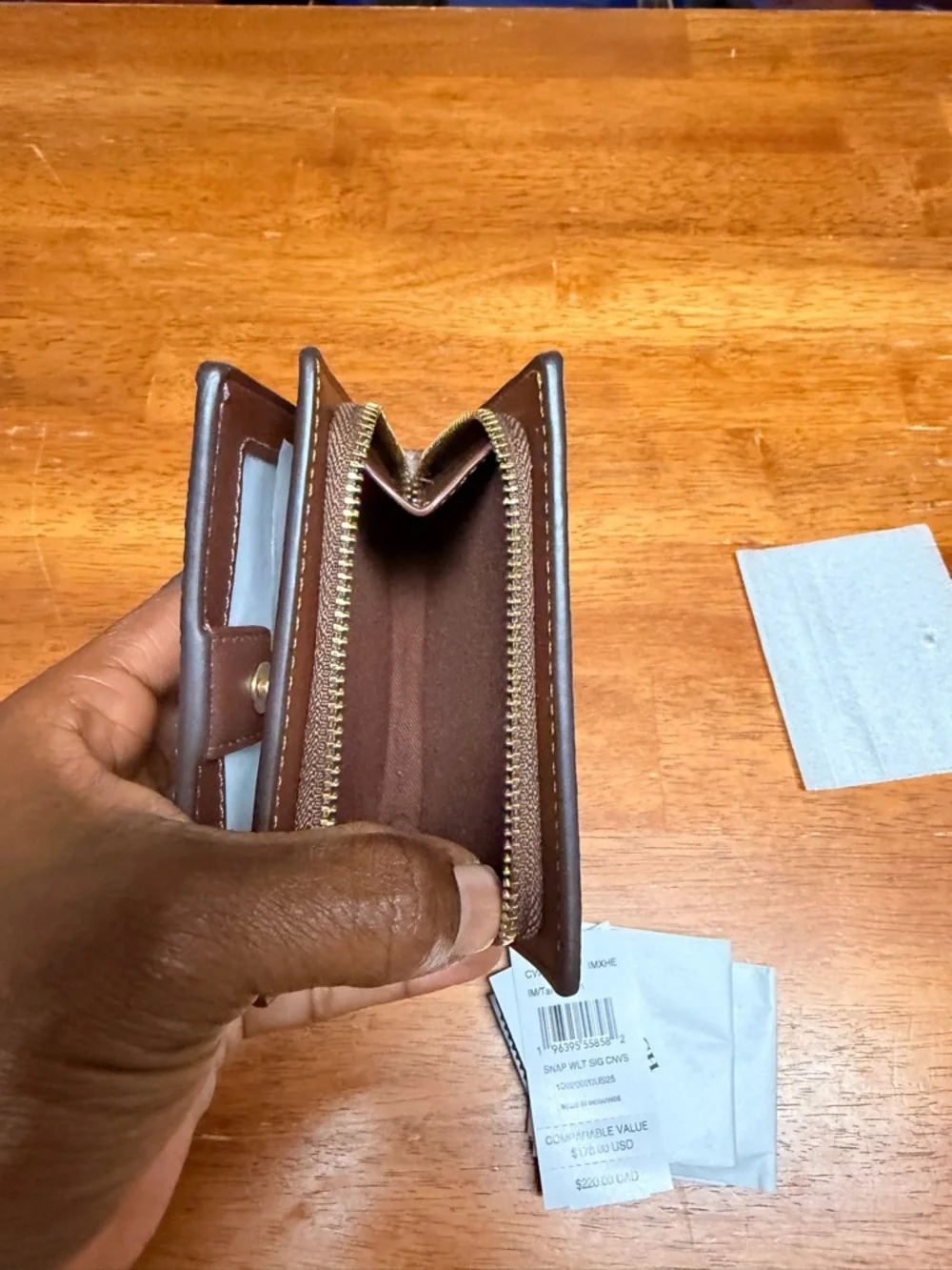 Coach Compact Signature Trifold Wallet in Brown and Tan - Picture 5 of 7